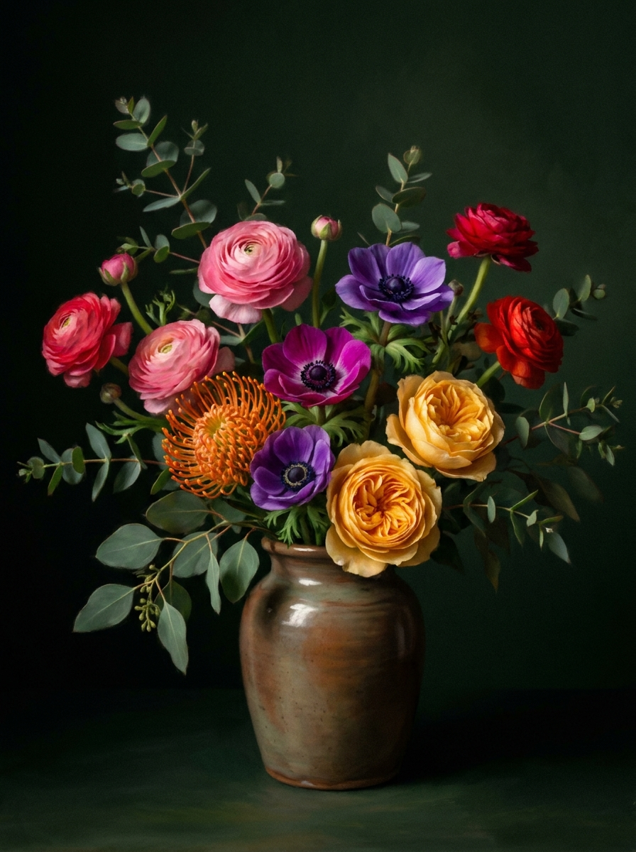 Frühlingsarrangement mit Ranunkeln, Anemonen und Rosen