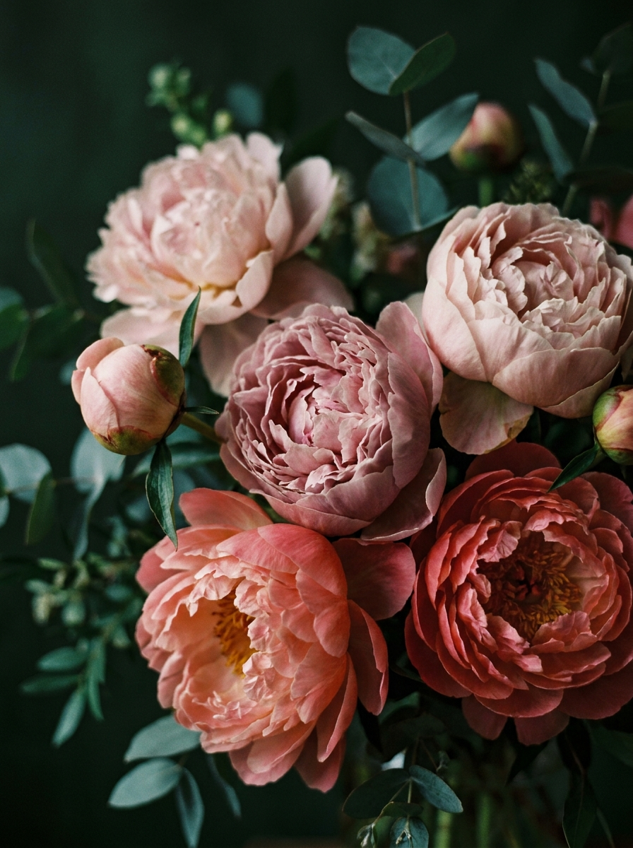 Rosa und korallrote Pfingstrosen