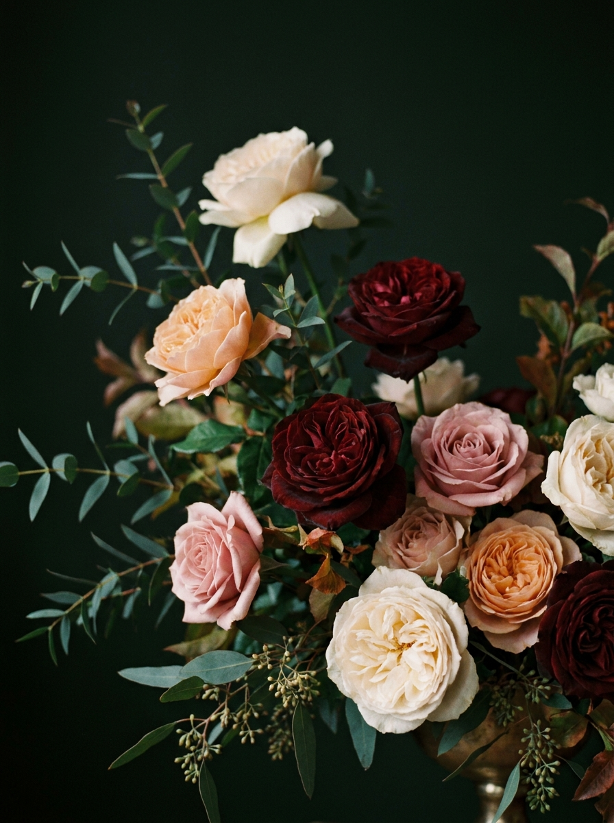 Üppiger Strauß Gartenrosen in Bordeaux und Creme
