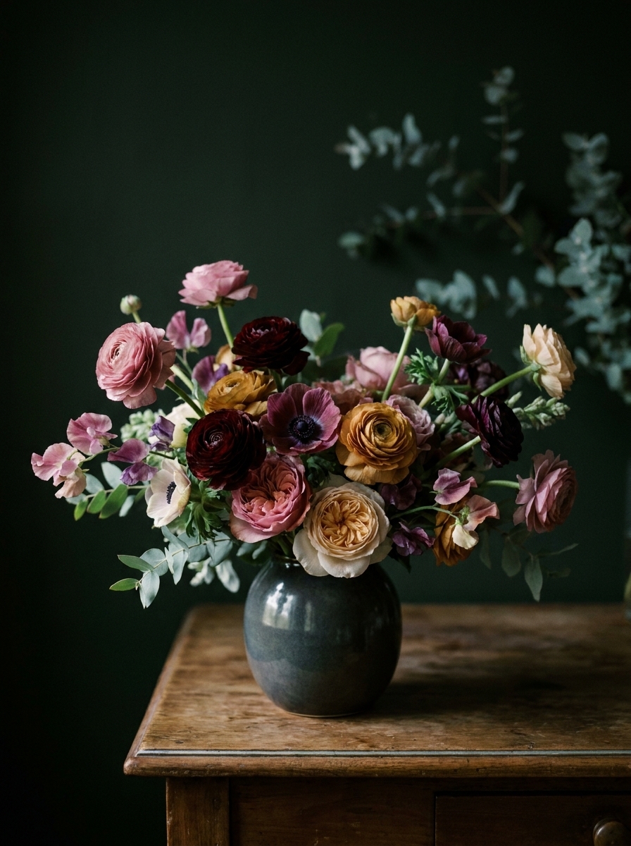Üppiger Strauß Schnittblumen in dunkler Vase
