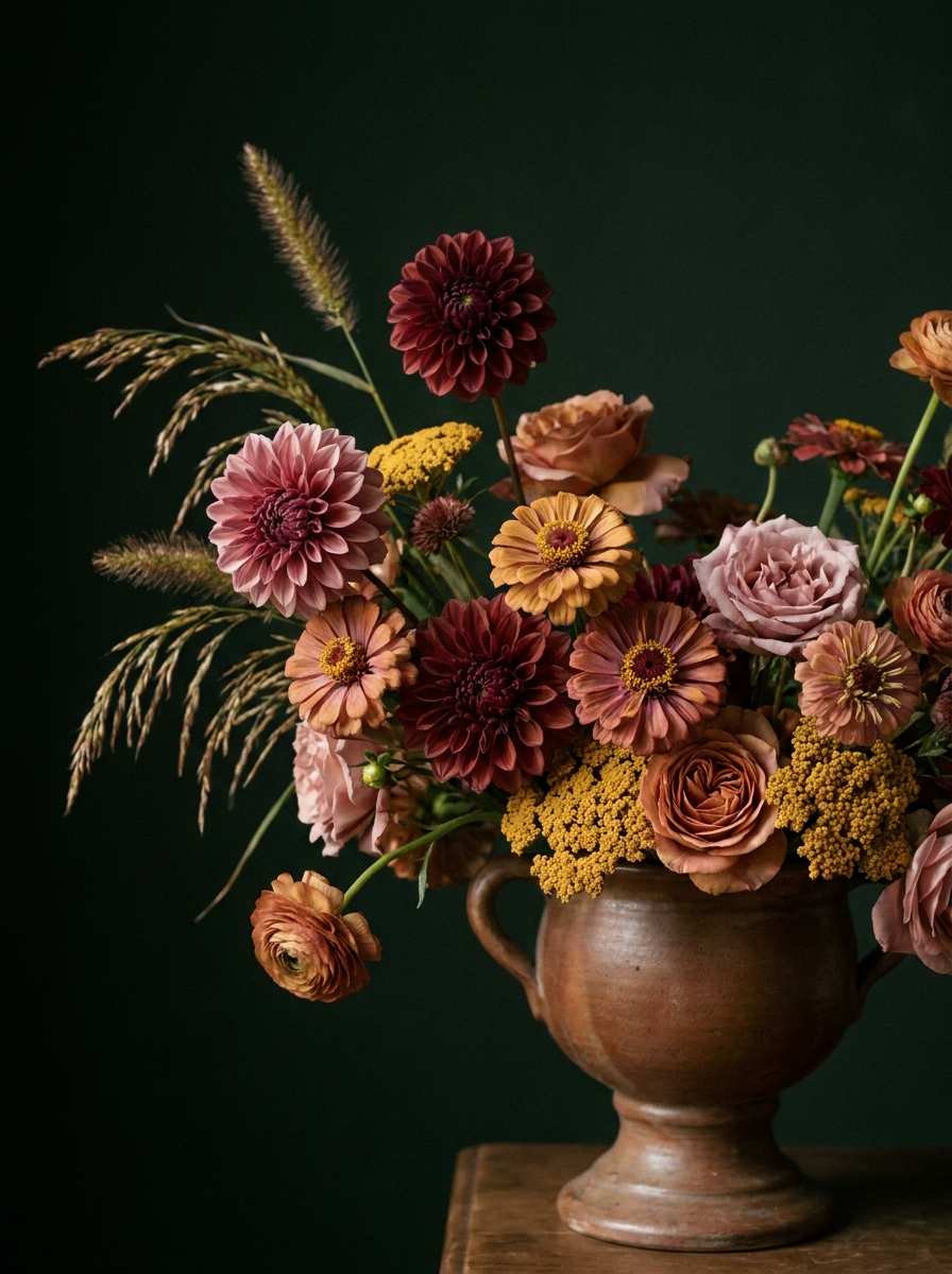 Sommerliches Arrangement mit Dahlien und Zinnien