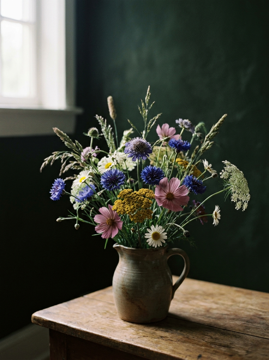 Wildblumenstrauß im Steingutkrug